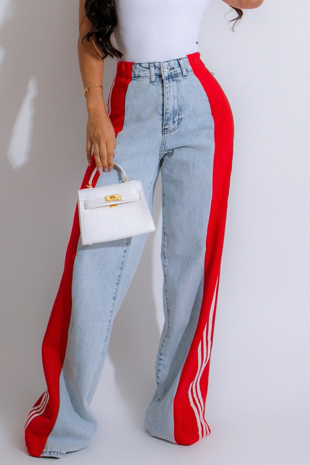 High Waist Elastic Straight Leg Trousers Three Stripe Patchwork Denim Wide Leg Pants Streetwear