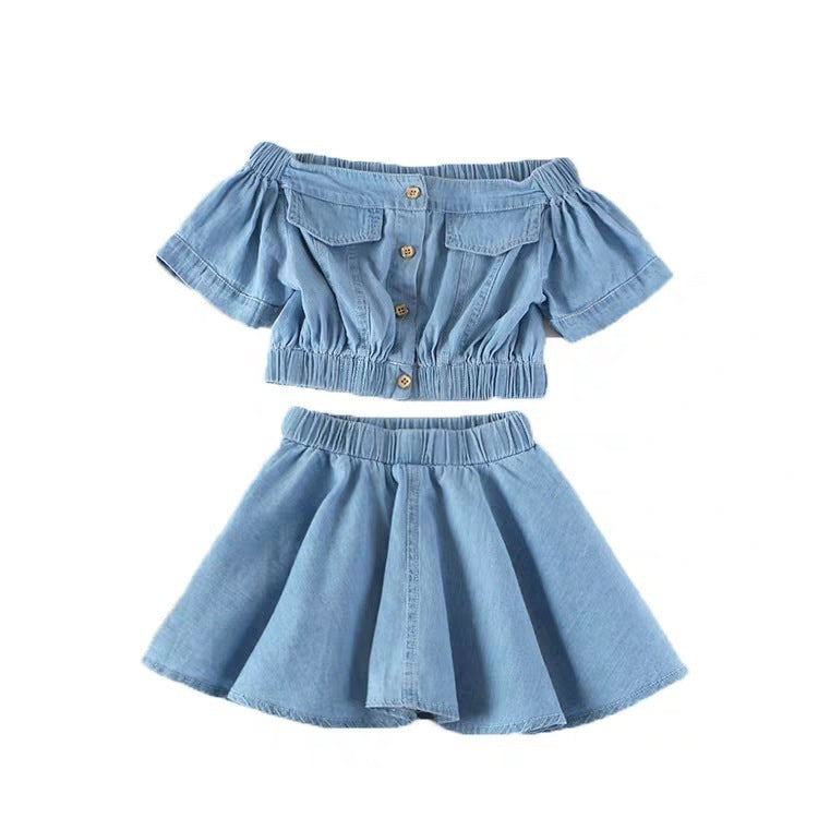 Girls Denim Two-piece High-waisted Short-sleeved Top