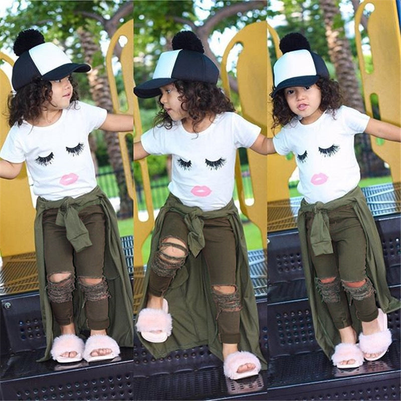 Pudcoco Girl Set-Eyelash Tops T-shirt Pants Leggings Outfits