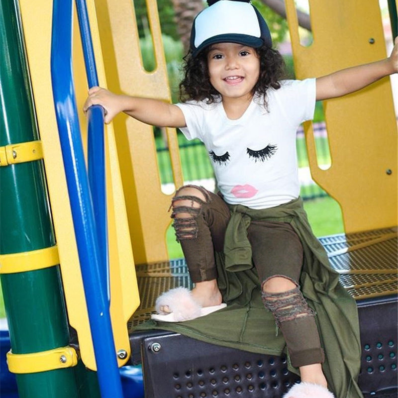 Pudcoco Girl Set-Eyelash Tops T-shirt Pants Leggings Outfits