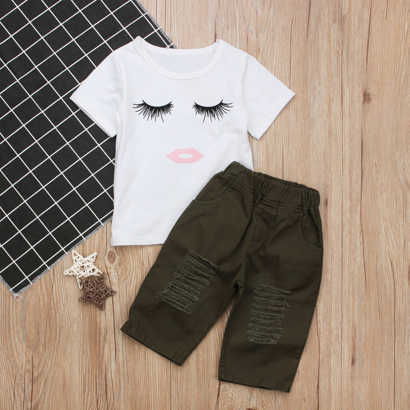 Pudcoco Girl Set-Eyelash Tops T-shirt Pants Leggings Outfits