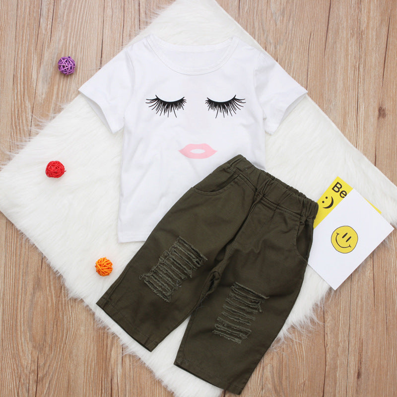 Pudcoco Girl Set-Eyelash Tops T-shirt Pants Leggings Outfits