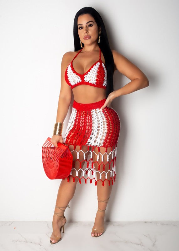 TWO COLOR STRIP BEACH STYLE CROCHET SET