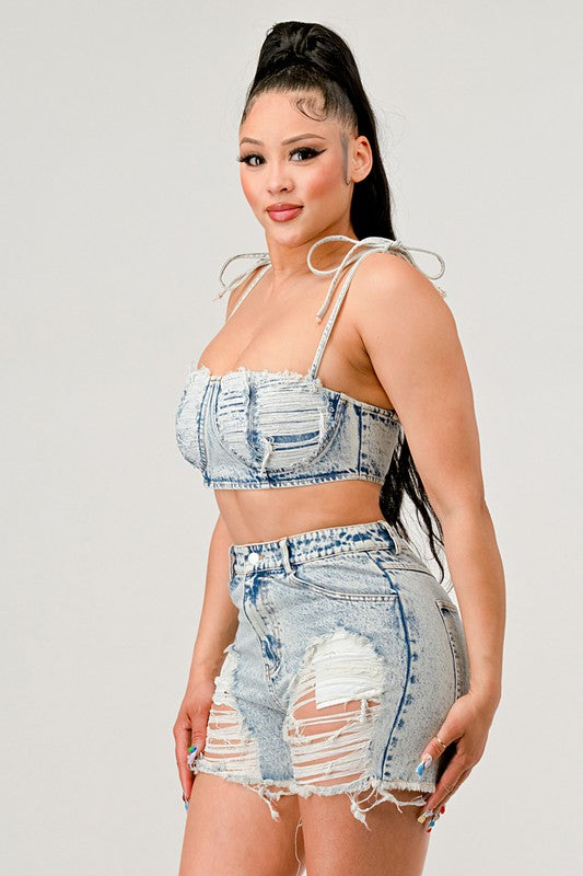 NO STRINGS ATTACHED DISTRESSED DENIM SET
