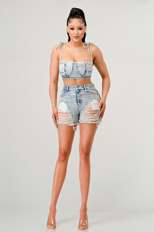NO STRINGS ATTACHED DISTRESSED DENIM SET
