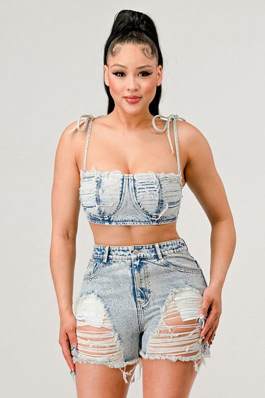 NO STRINGS ATTACHED DISTRESSED DENIM SET