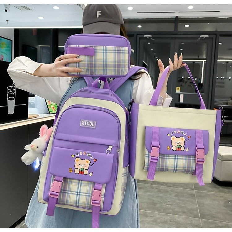 High School Plaid Three-piece Set Backpack