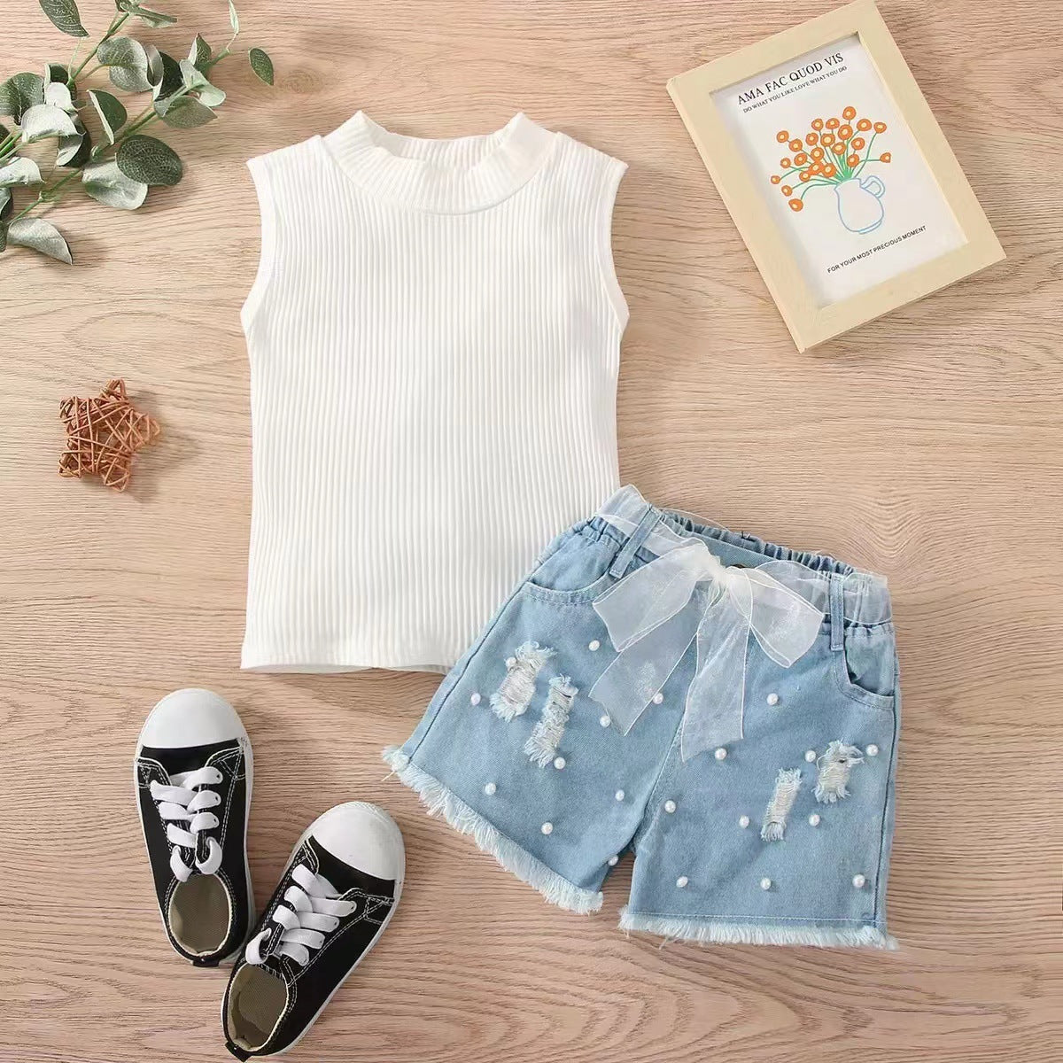 Sleeveless Pit Strip Girl's Denim Shorts Twopiece Set