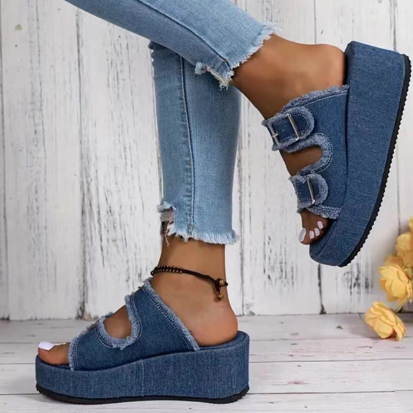 Denim Thick Bottom Buckle Wedges Sandals