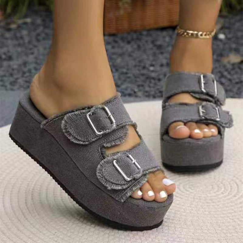 Denim Thick Bottom Buckle Wedges Sandals