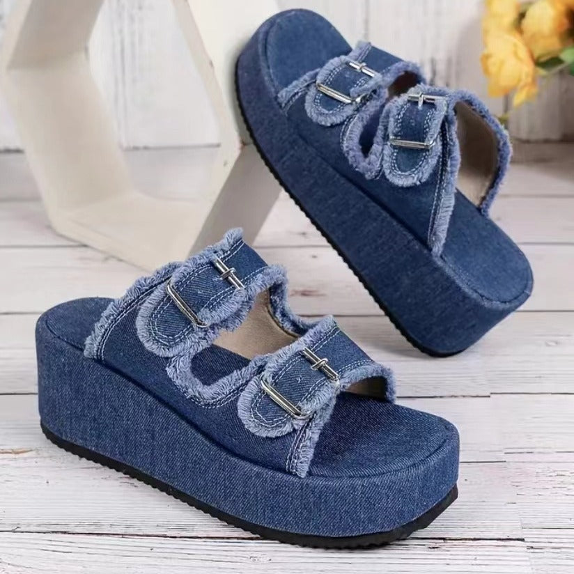Denim Thick Bottom Buckle Wedges Sandals