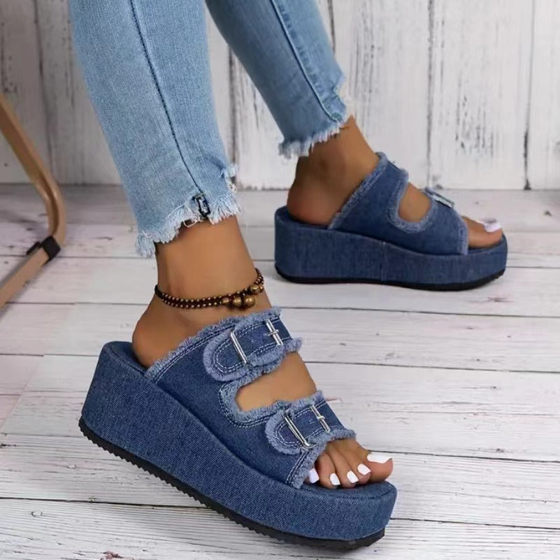 Denim Thick Bottom Buckle Wedges Sandals