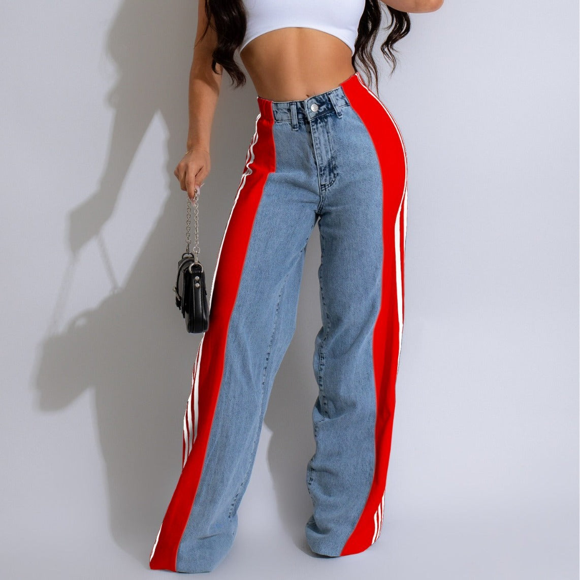 High Waist Elastic Straight Leg Trousers Three Stripe Patchwork Denim Wide Leg Pants Streetwear