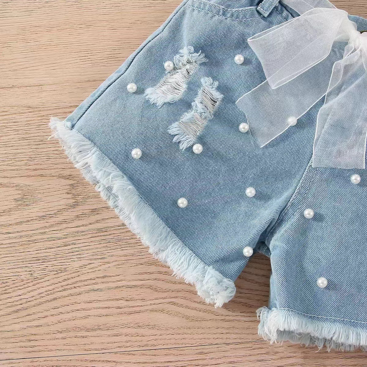 Sleeveless Pit Strip Girl's Denim Shorts Twopiece Set