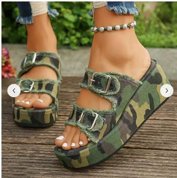 Denim Thick Bottom Buckle Wedges Sandals