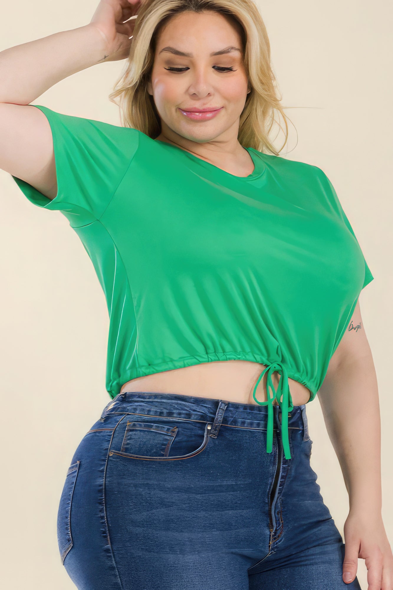 Tie Front Drawstring Short Sleeve Crop Top