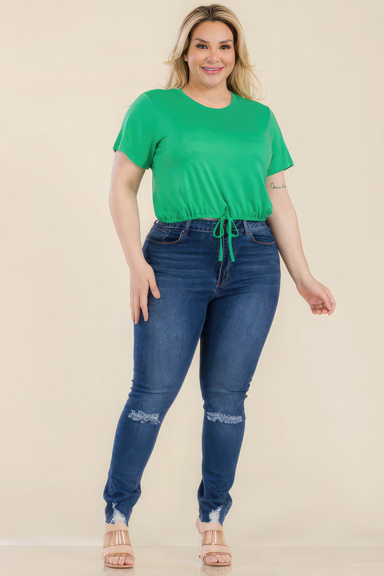 Tie Front Drawstring Short Sleeve Crop Top