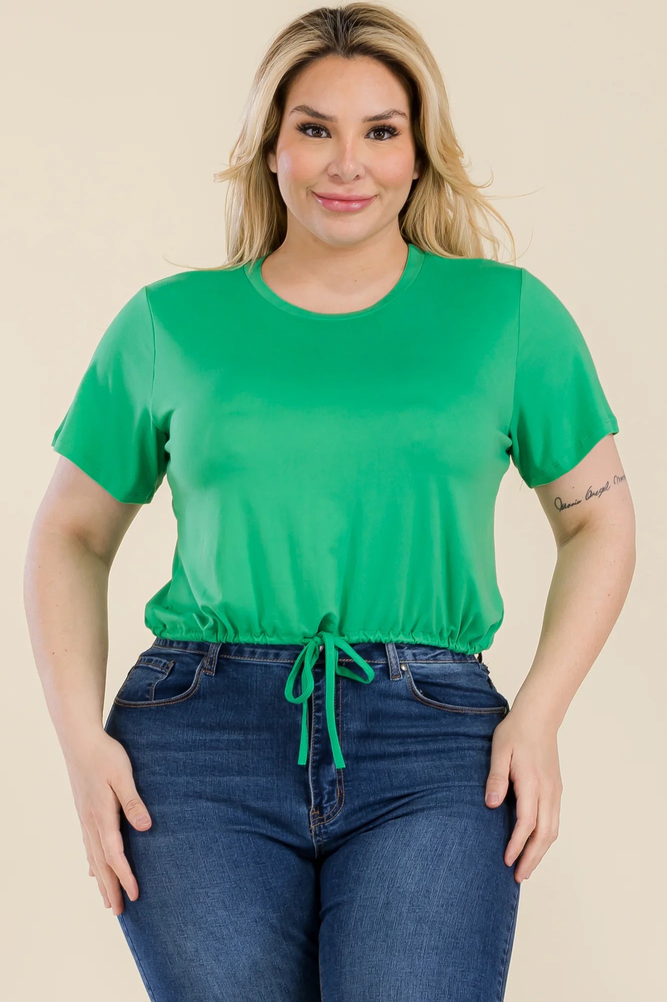 Tie Front Drawstring Short Sleeve Crop Top