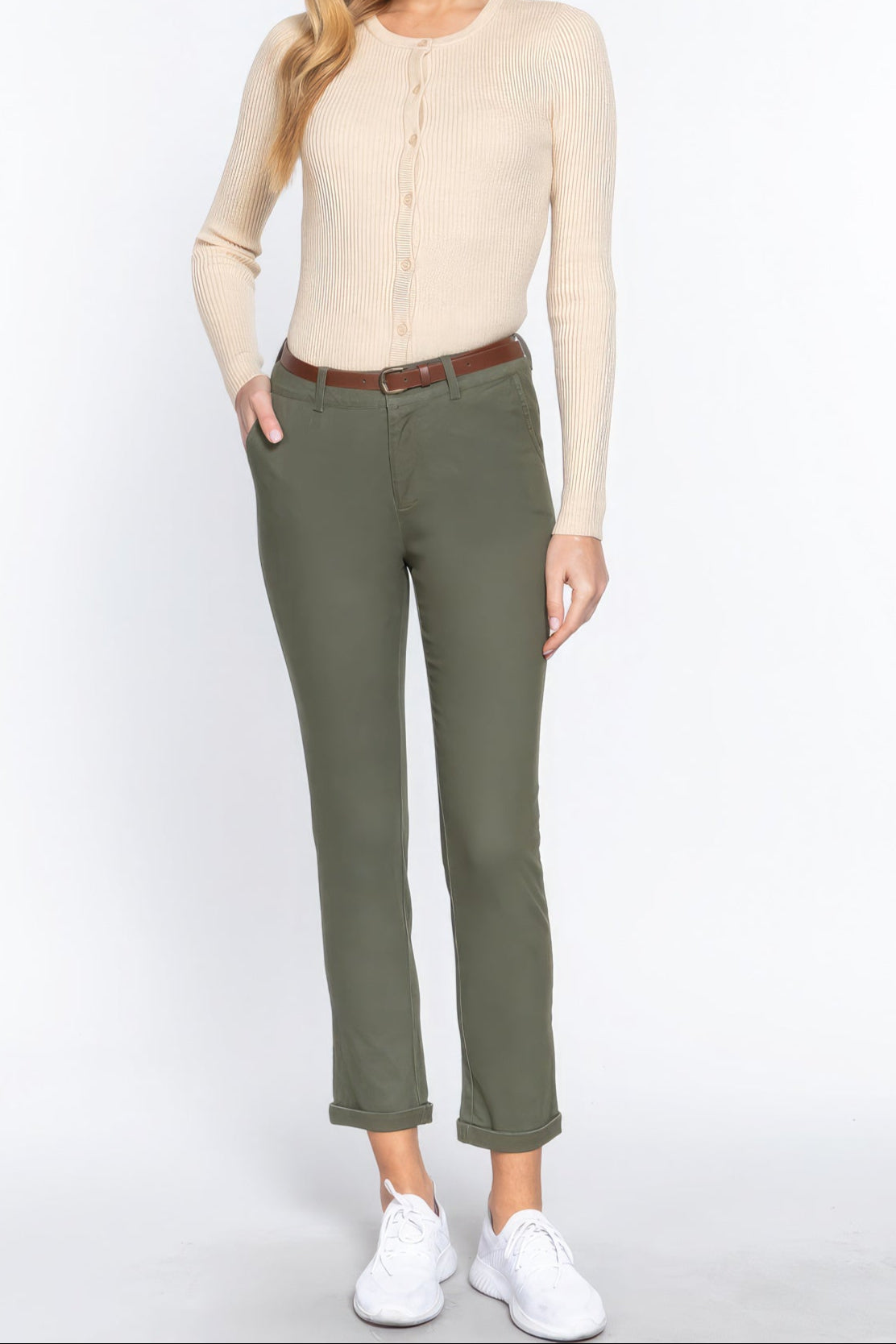 Cotton-span Twill Belted Long Pants