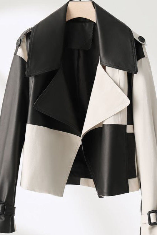 Soft PU Leather Jacket Splicing Coat Loose Western Style Jacket