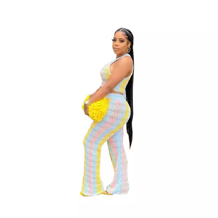 European And American Sleeveless Knitted Bell-bottom Pants Suit