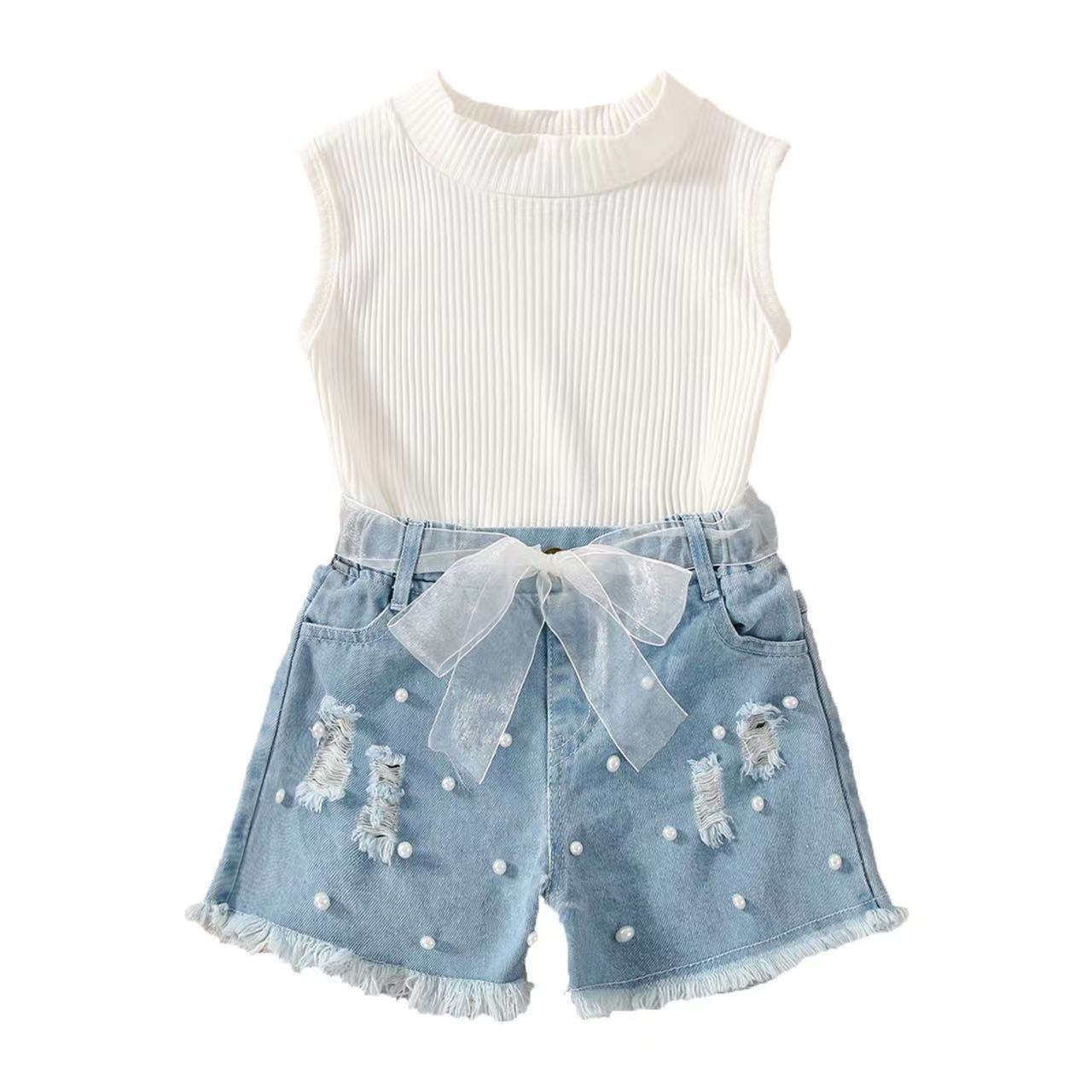 Sleeveless Pit Strip Girl's Denim Shorts Twopiece Set