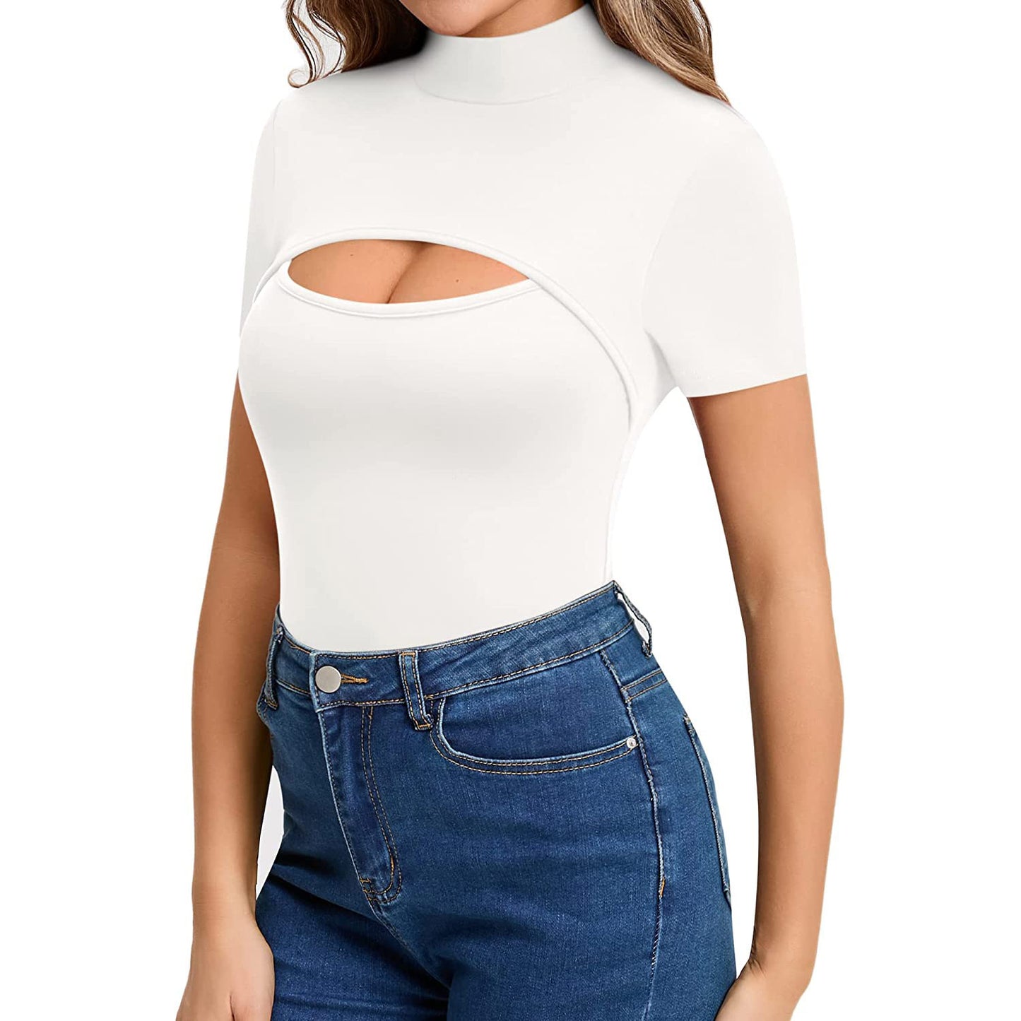 Chest Opening Stretch Slim Fit Short-Sleeved Jumpsuit
