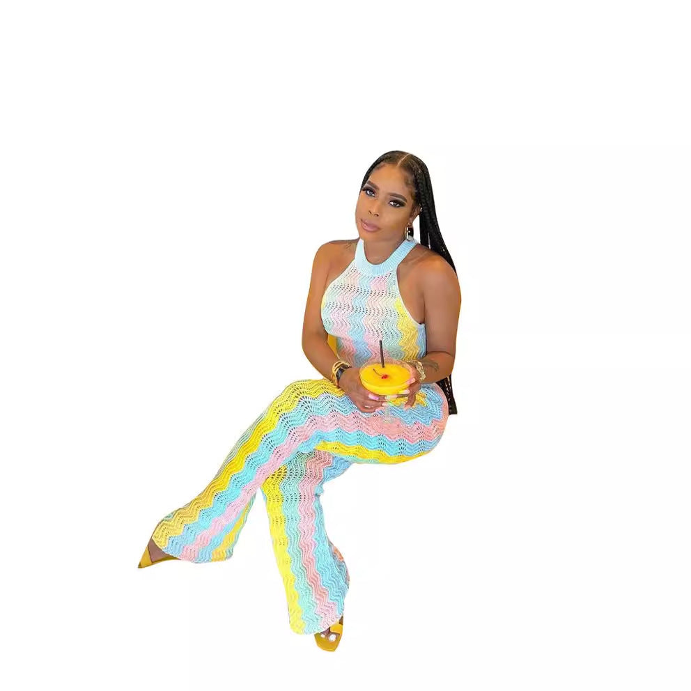 European And American Sleeveless Knitted Bell-bottom Pants Suit
