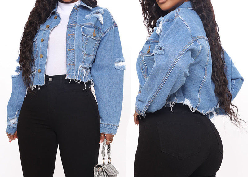 Ripped Denim Short Washed Long Sleeve Coat