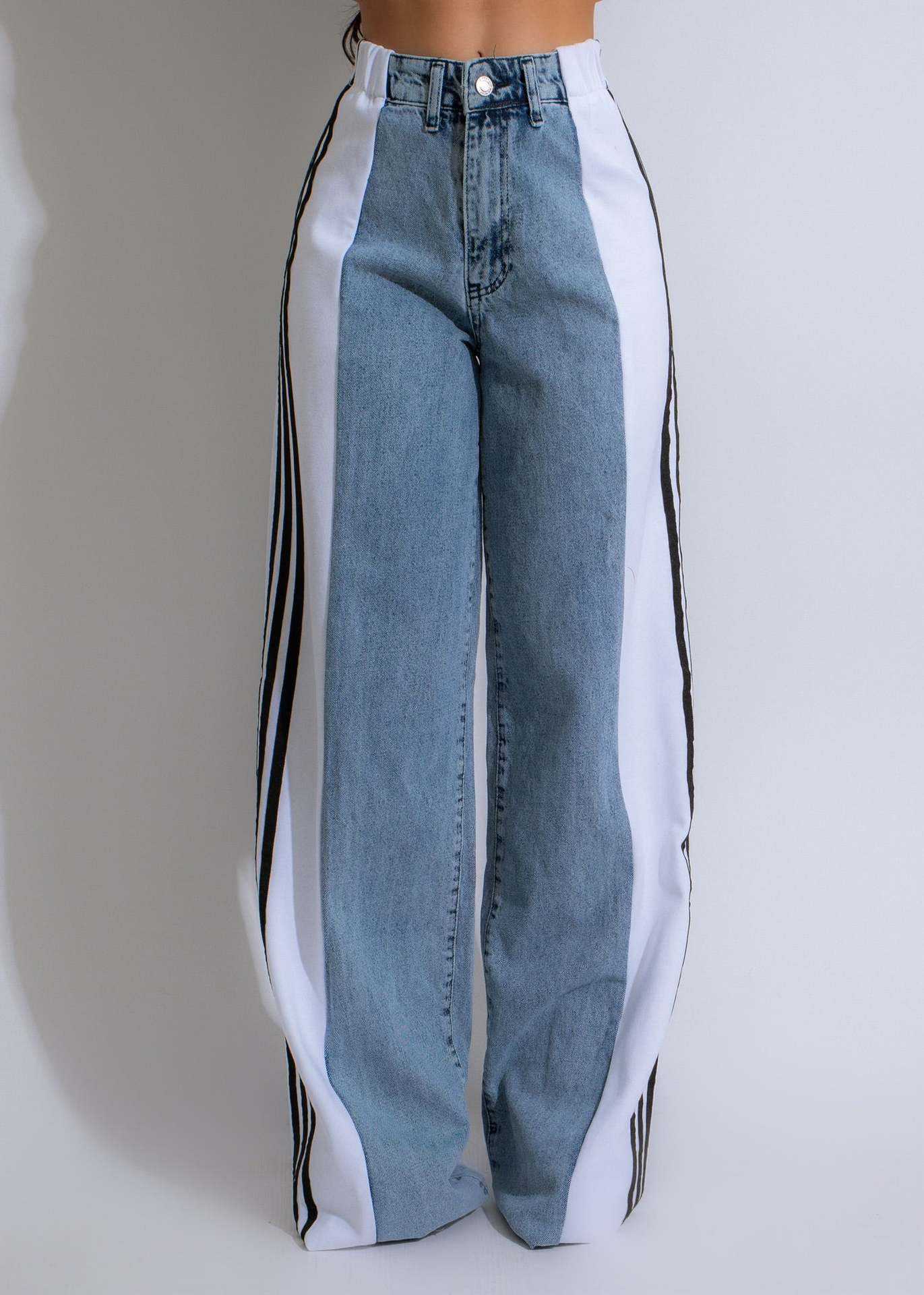 High Waist Elastic Straight Leg Trousers Three Stripe Patchwork Denim Wide Leg Pants Streetwear