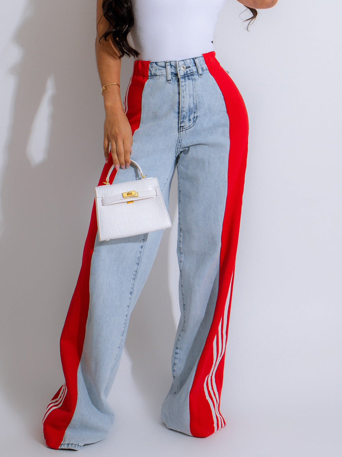 High Waist Elastic Straight Leg Trousers Three Stripe Patchwork Denim Wide Leg Pants Streetwear