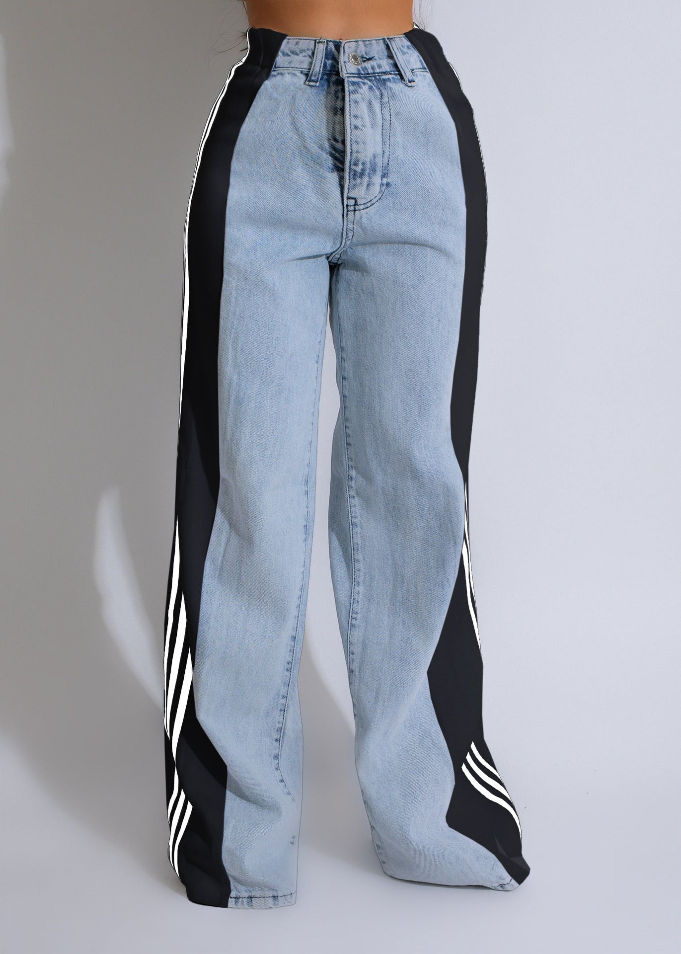 High Waist Elastic Straight Leg Trousers Three Stripe Patchwork Denim Wide Leg Pants Streetwear