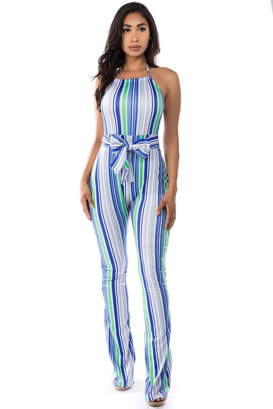 MULTI STRIP HALTER JUMPSUIT