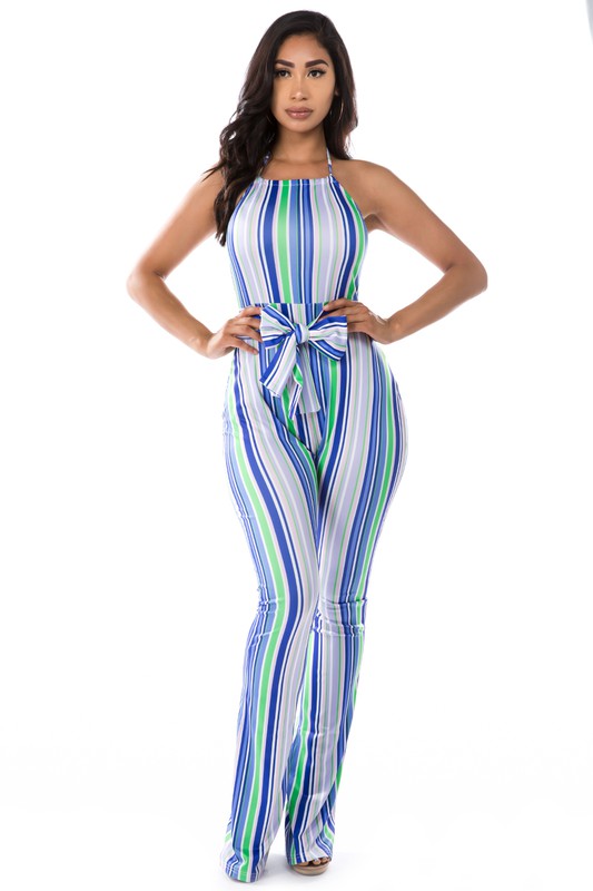 MULTI STRIP HALTER JUMPSUIT