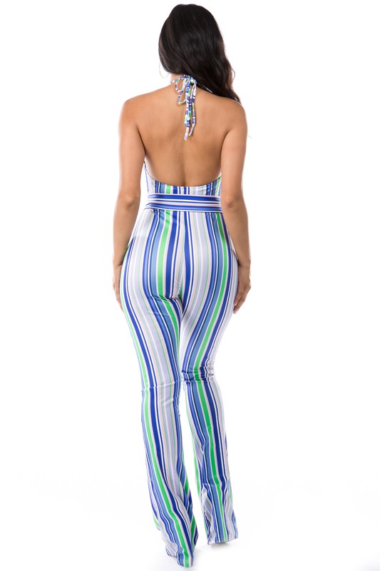 MULTI STRIP HALTER JUMPSUIT