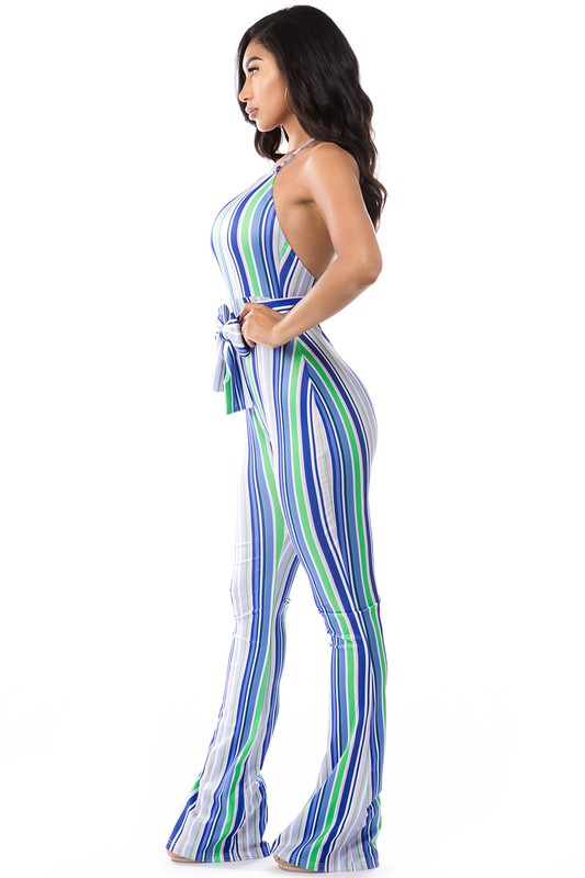 MULTI STRIP HALTER JUMPSUIT