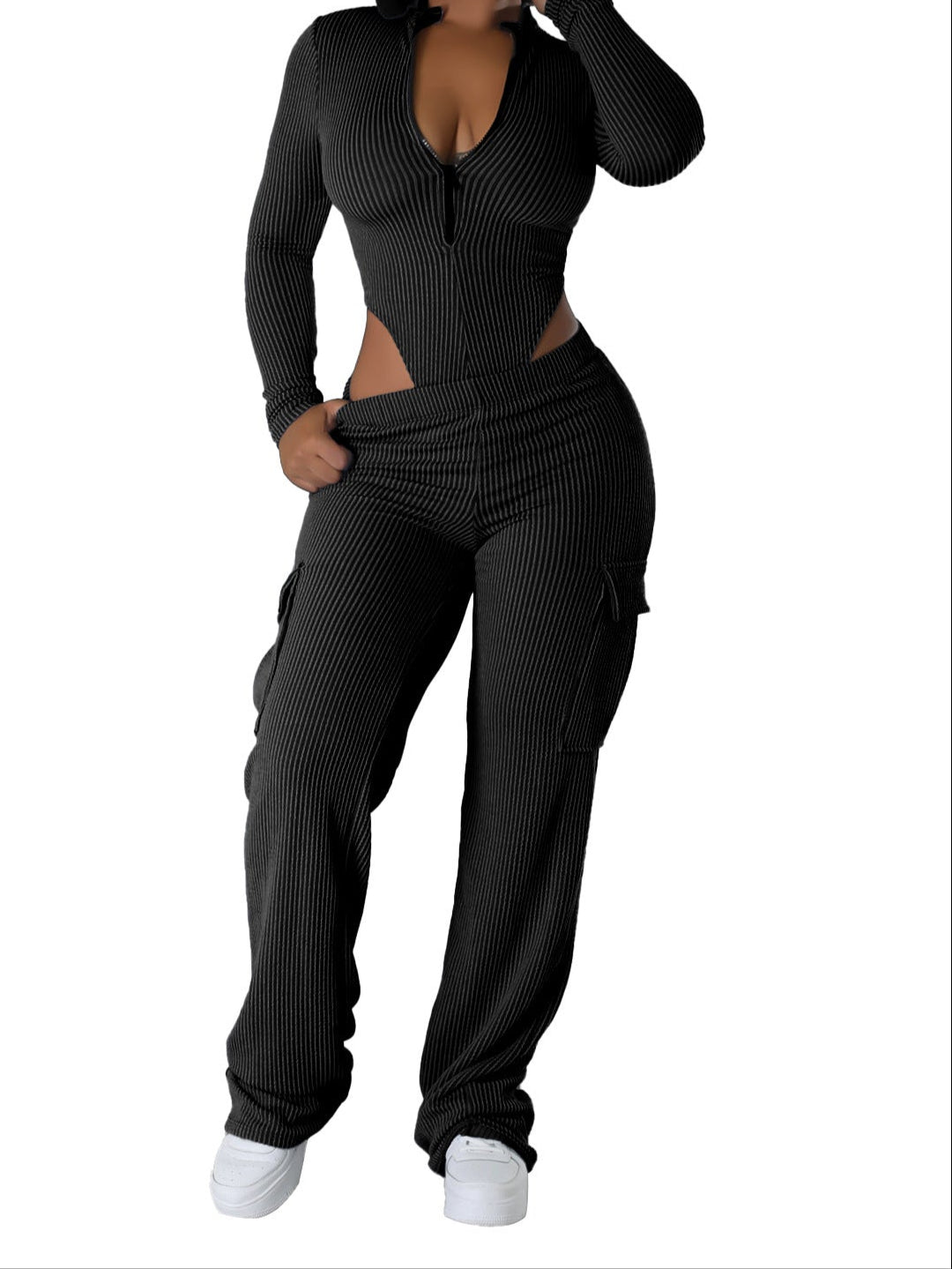 High Waist Long Sleeves Jumpsuit Overalls Suit