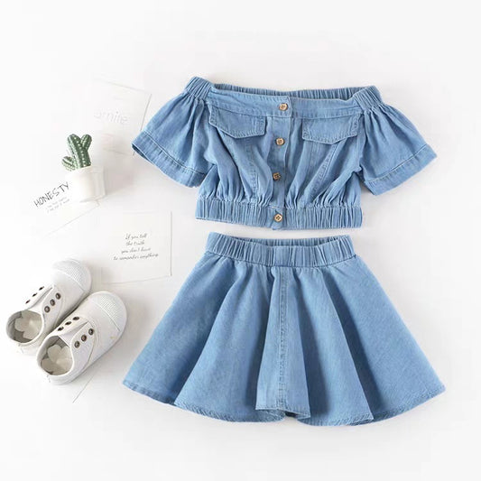 Girls Denim Two-piece High-waisted Short-sleeved Top