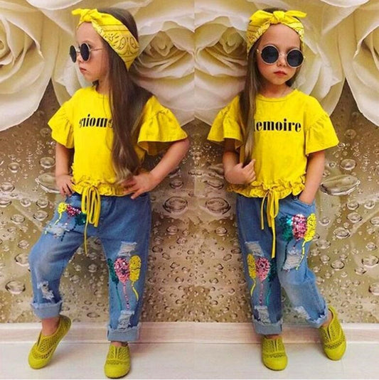 Girls Yellow Letter T-Shirt Jeans Set
