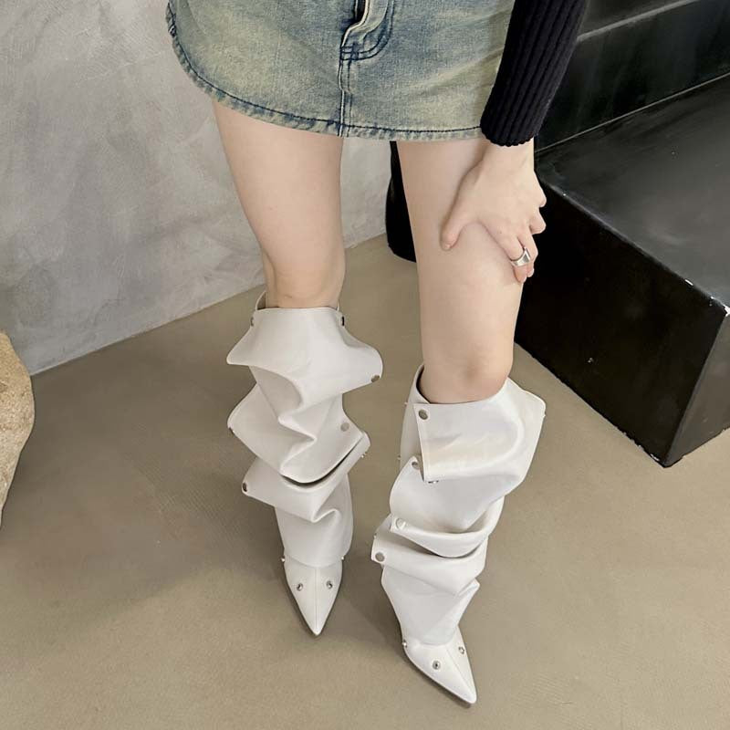 Rivet Buckle Stitching Two-way Stiletto Heel Denim Pleated Pile Style Boots