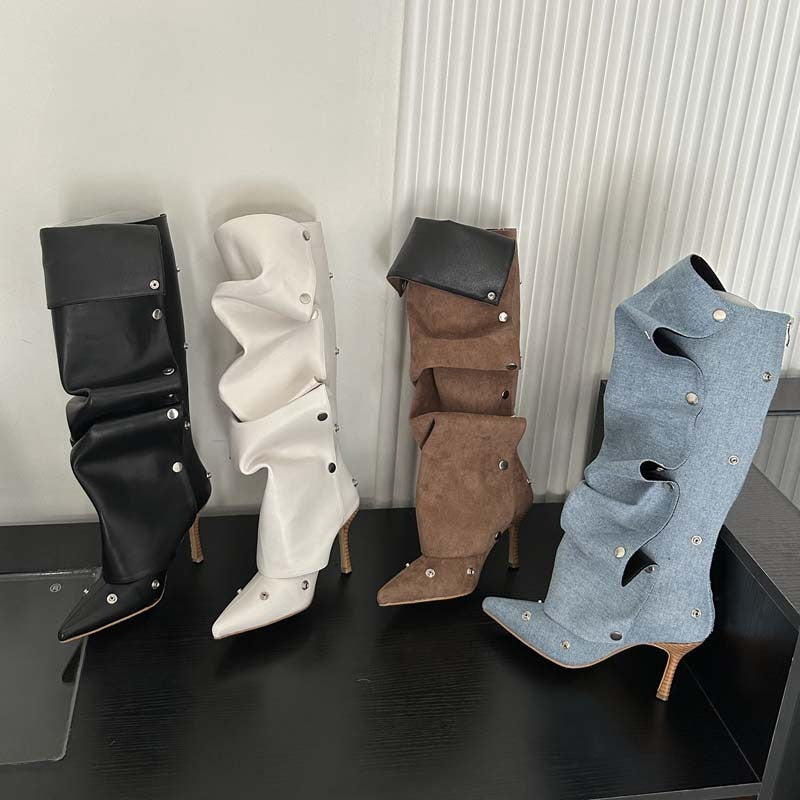 Rivet Buckle Stitching Two-way Stiletto Heel Denim Pleated Pile Style Boots