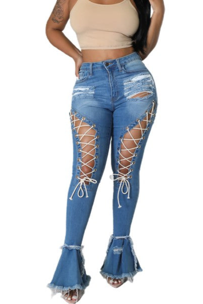 WOMEN FRONT LACE UP FASHION DENIM JEANS