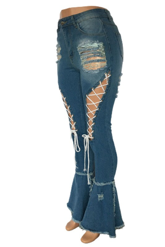 WOMEN FRONT LACE UP FASHION DENIM JEANS