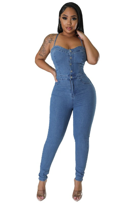 DENIM SLEEVELESS JUMPSUIT