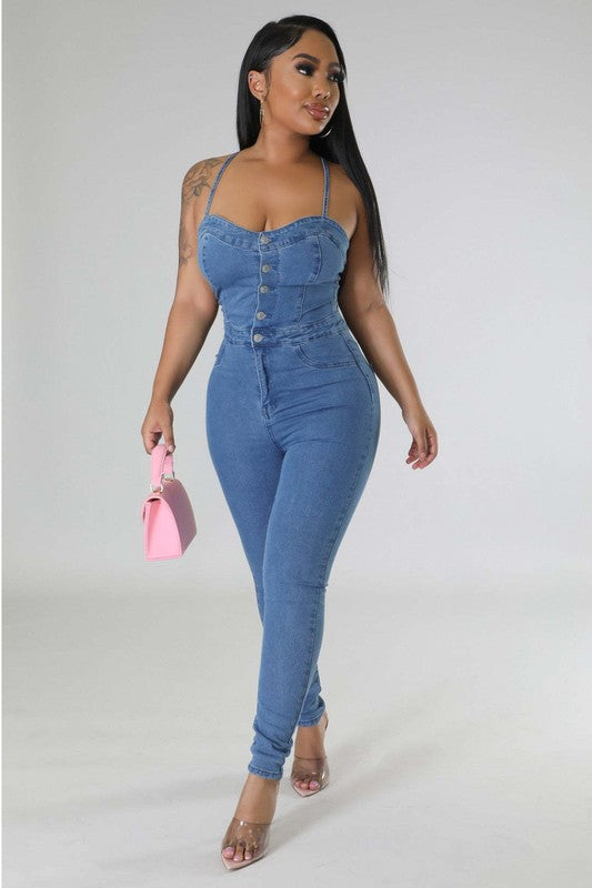 DENIM SLEEVELESS JUMPSUIT