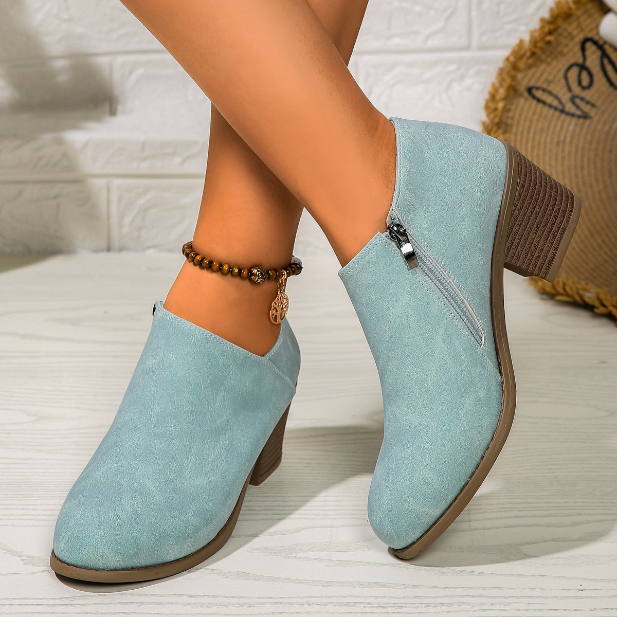 Chunky Heel Round Toe Ankle Boots With Side Zipper