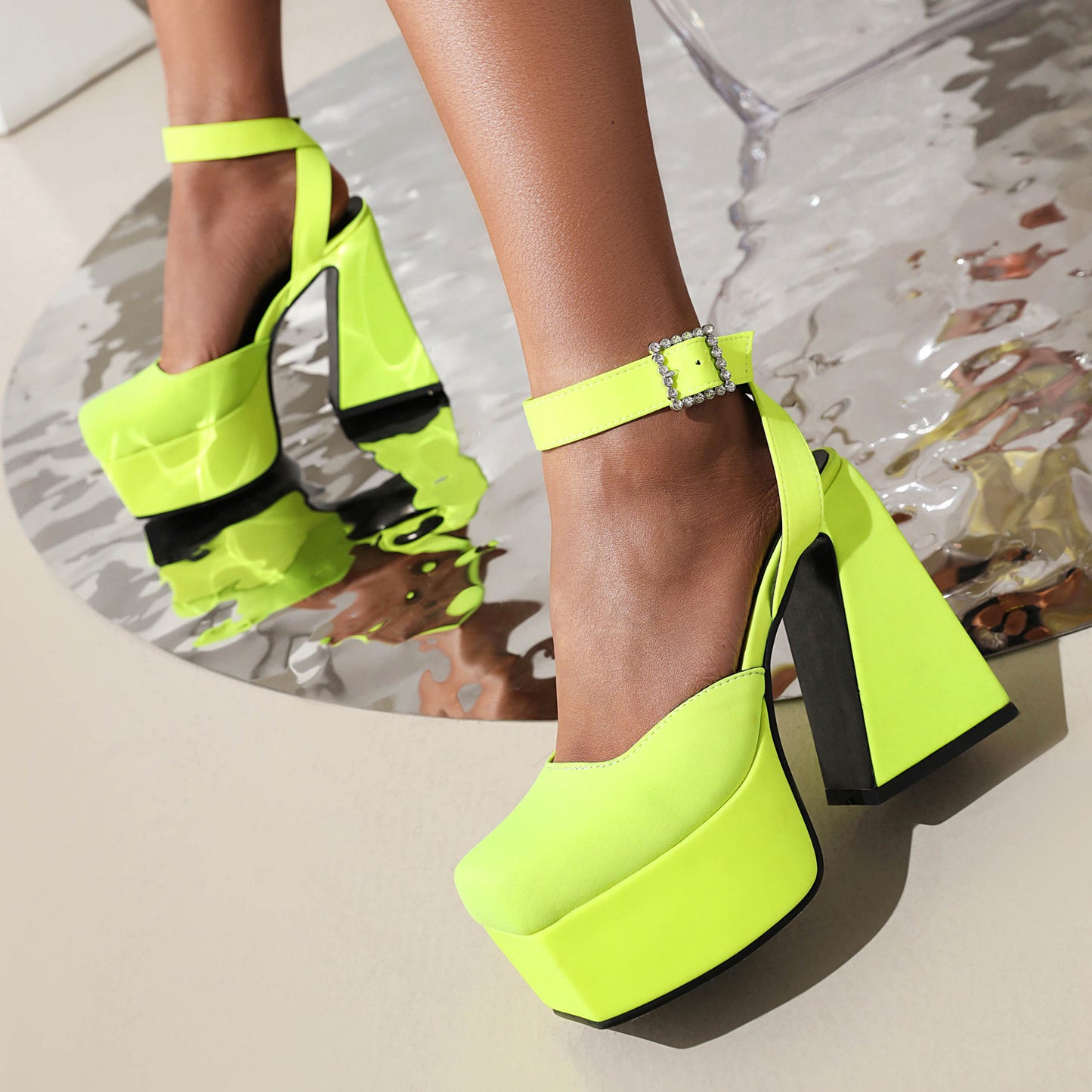 Peep Toe Matte Buckle Thick High Heel Sandals