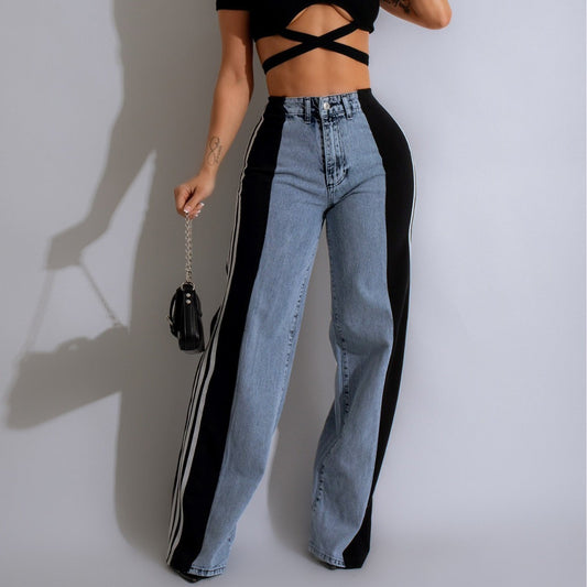 High Waist Elastic Straight Leg Trousers Three Stripe Patchwork Denim Wide Leg Pants Streetwear