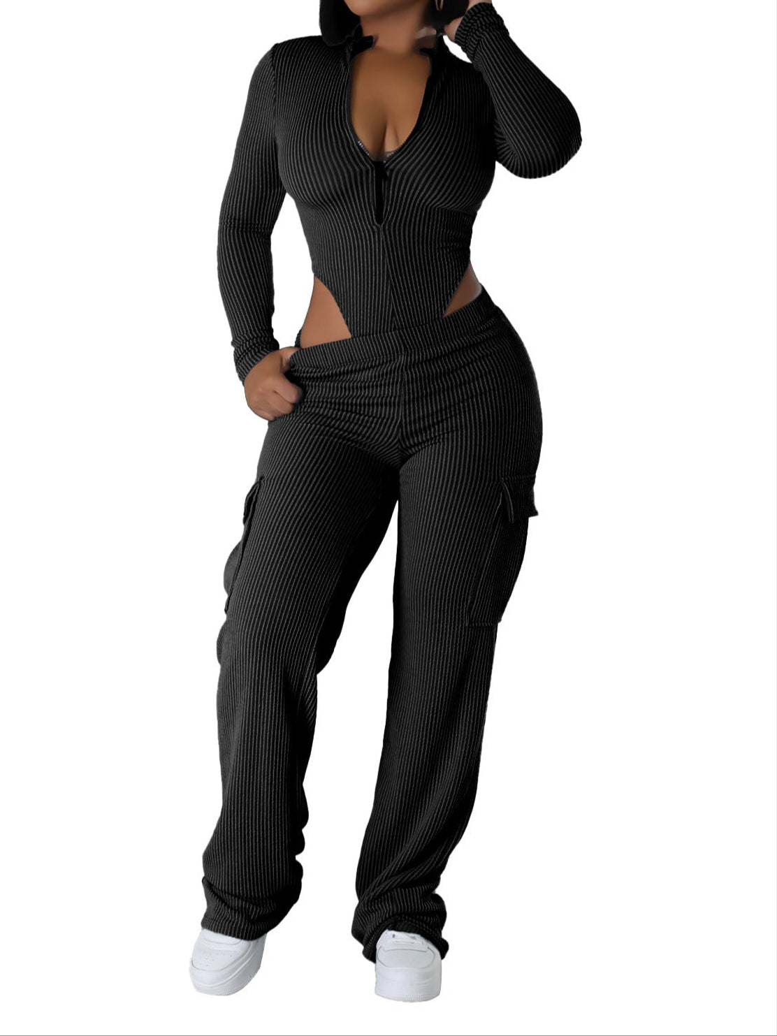 High Waist Long Sleeves Jumpsuit Overalls Suit