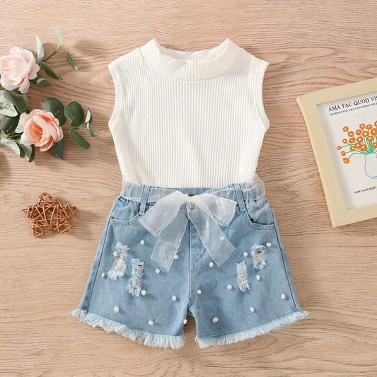 Sleeveless Pit Strip Girl's Denim Shorts Twopiece Set